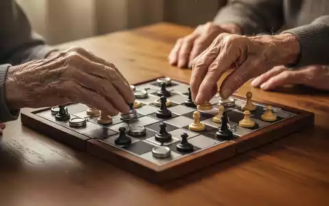 Ältere Hände spielen ein magnetisches Brettspiel, wie Dame oder Mühle, auf einem Holztisch, Fokus auf Hände und Spielsteine. - Foto: über boerse-global.de