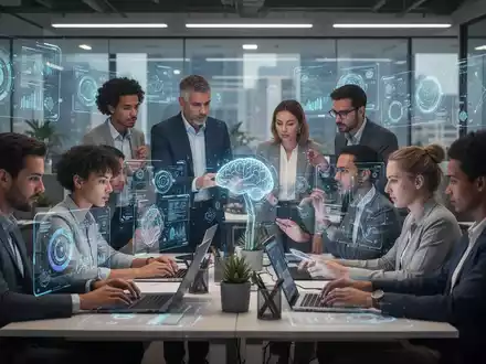 Mitarbeiter arbeiten in einem modernen Büro mit holografischen Displays, die die Integration von KI in den Arbeitsplatz symbolisieren. - Foto: über boerse-global.de
