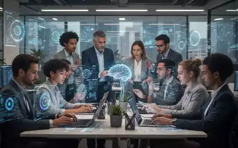 Mitarbeiter arbeiten in einem modernen Büro mit holografischen Displays, die die Integration von KI in den Arbeitsplatz symbolisieren. - Foto: über boerse-global.de
