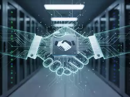 Eine stilisierte, leuchtende Platine, die einen Mikrochip darstellt, verschränkt mit einer minimalistischen Handschlag-Silhouette. - Foto: über boerse-global.de