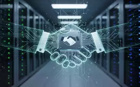 Eine stilisierte, leuchtende Platine, die einen Mikrochip darstellt, verschränkt mit einer minimalistischen Handschlag-Silhouette. - Foto: über boerse-global.de