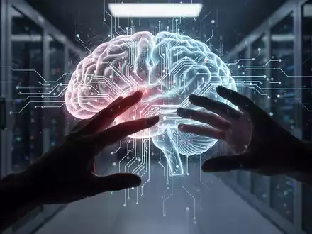 Ein stilisiertes digitales Gehirn mit Datenströmen, das teilweise von einer dunklen Hand verdeckt wird, symbolisiert Cybersicherheitsrisiken. - Foto: über boerse-global.de