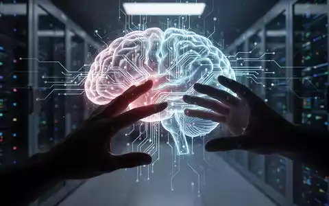 Ein stilisiertes digitales Gehirn mit Datenströmen, das teilweise von einer dunklen Hand verdeckt wird, symbolisiert Cybersicherheitsrisiken. - Foto: über boerse-global.de