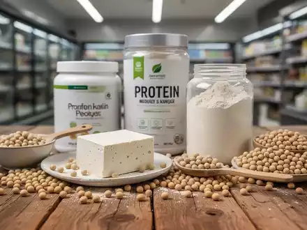 Nahaufnahme von Tofu, Proteinpulver und Sojabohnen auf einem Holztisch, im Hintergrund unscharf ein Supermarktregal. - Foto: über boerse-global.de