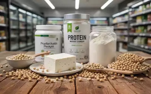 Nahaufnahme von Tofu, Proteinpulver und Sojabohnen auf einem Holztisch, im Hintergrund unscharf ein Supermarktregal. - Foto: über boerse-global.de