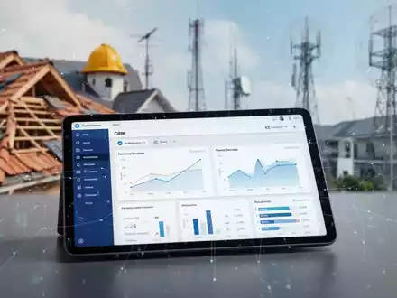 Tablet mit CRM-Software und digitalen Overlays, im Hintergrund subtile Verweise auf Dachdecker, Finanzen und Telekommunikation. - Foto: über boerse-global.de