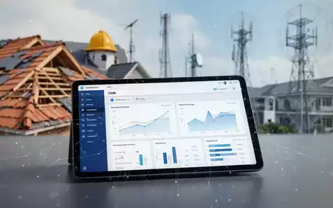 Tablet mit CRM-Software und digitalen Overlays, im Hintergrund subtile Verweise auf Dachdecker, Finanzen und Telekommunikation. - Foto: über boerse-global.de