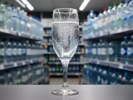 Ein klares Glas Mineralwasser mit Kondenswasser, im Hintergrund unscharfe Supermarktregale voller Wasserflaschen. - Foto: über boerse-global.de