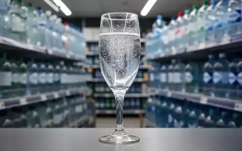 Ein klares Glas Mineralwasser mit Kondenswasser, im Hintergrund unscharfe Supermarktregale voller Wasserflaschen. - Foto: über boerse-global.de