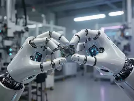 Menschliche Roboterhand mit feinen Fingern greift präzise ein kleines elektronisches Bauteil in einer modernen Fabrik. - Foto: über boerse-global.de