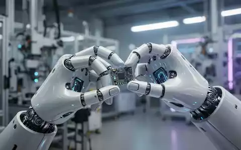 Menschliche Roboterhand mit feinen Fingern greift präzise ein kleines elektronisches Bauteil in einer modernen Fabrik. - Foto: über boerse-global.de