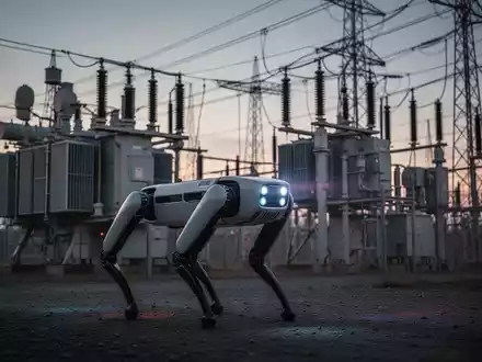 Eine robotische vierbeinige Maschine, ähnlich einem Hund, inspiziert bei Dämmerung ein Umspannwerk mit Transformatoren und Stromleitungen im Hintergrund. - Foto: über boerse-global.de