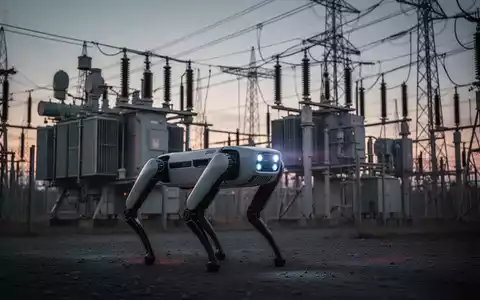 Eine robotische vierbeinige Maschine, ähnlich einem Hund, inspiziert bei Dämmerung ein Umspannwerk mit Transformatoren und Stromleitungen im Hintergrund. - Foto: über boerse-global.de