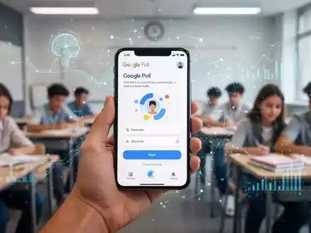 Handy mit Google Polls in modernem Klassenzimmer mit Schülern und digitalen Overlays. - Foto: über boerse-global.de