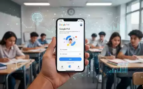 Handy mit Google Polls in modernem Klassenzimmer mit Schülern und digitalen Overlays. - Foto: über boerse-global.de
