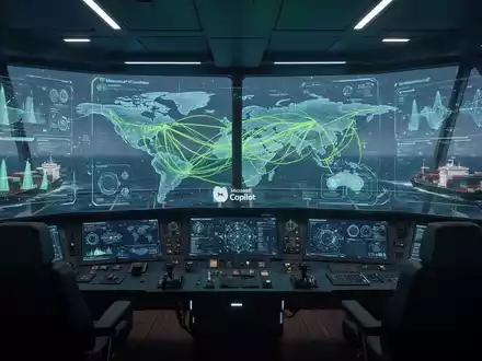 Futuristische Schiffsbrücke mit holografischen Displays globaler Schiffsrouten und KI-Schnittstellen, Symbol für KI in der Schifffahrtsindustrie. - Foto: über boerse-global.de