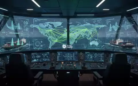 Futuristische Schiffsbrücke mit holografischen Displays globaler Schiffsrouten und KI-Schnittstellen, Symbol für KI in der Schifffahrtsindustrie. - Foto: über boerse-global.de