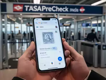 Ein Smartphone mit der Google Wallet App in einer Hand, im Hintergrund ein unscharfer Flughafen-Sicherheitscheckpoint. - Foto: über boerse-global.de