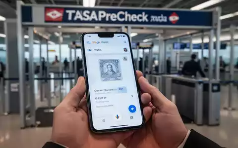Ein Smartphone mit der Google Wallet App in einer Hand, im Hintergrund ein unscharfer Flughafen-Sicherheitscheckpoint. - Foto: über boerse-global.de