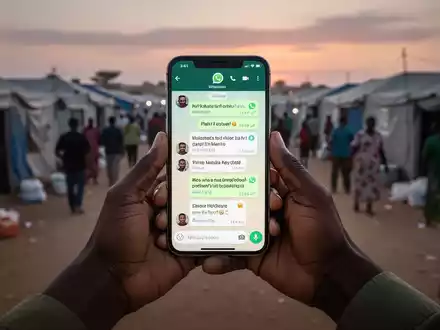 Smartphone mit WhatsApp-Chat, gehalten von verschiedenen Händen, vor verschwommenem Hintergrund eines humanitären Hilfscamps. - Foto: über boerse-global.de