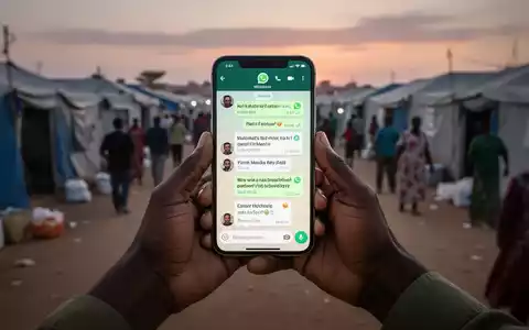 Smartphone mit WhatsApp-Chat, gehalten von verschiedenen Händen, vor verschwommenem Hintergrund eines humanitären Hilfscamps. - Foto: über boerse-global.de