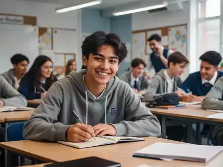 Schüler in einem Englisch-Klassenzimmer, einige schreiben in Heften, andere interagieren, keine Smartphones sichtbar. - Foto: über boerse-global.de