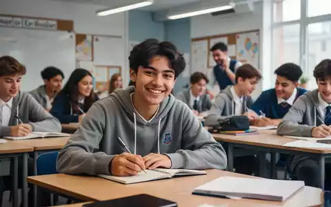 Schüler in einem Englisch-Klassenzimmer, einige schreiben in Heften, andere interagieren, keine Smartphones sichtbar. - Foto: über boerse-global.de