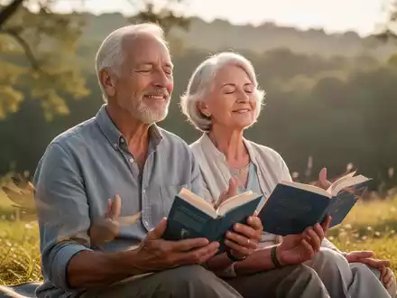 Ein glückliches älteres Paar sitzt entspannt im Freien, liest ein Buch und genießt die Ruhe, symbolisiert einen gesunden Ruhestand. - Foto: über boerse-global.de
