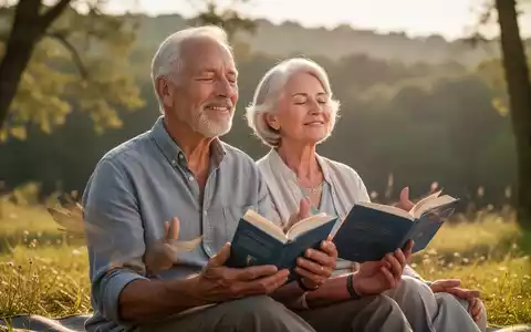 Ein glückliches älteres Paar sitzt entspannt im Freien, liest ein Buch und genießt die Ruhe, symbolisiert einen gesunden Ruhestand. - Foto: über boerse-global.de