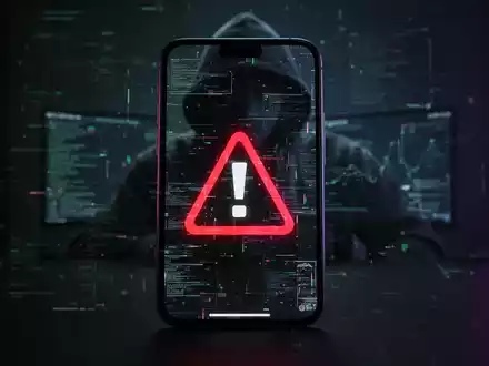 Ein Smartphone-Bildschirm zeigt eine Warnmeldung oder eine fehlerhafte Schnittstelle, im Hintergrund ist schemenhaft eine Hacker-Figur zu sehen. - Foto: über boerse-global.de