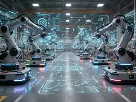 Eine futuristische Fabrikhalle mit Robotern und AGVs, die von digitalen Datenströmen und KI-Visualisierungen optimiert werden. - Foto: über boerse-global.de