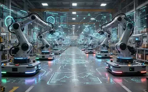Eine futuristische Fabrikhalle mit Robotern und AGVs, die von digitalen Datenströmen und KI-Visualisierungen optimiert werden. - Foto: über boerse-global.de