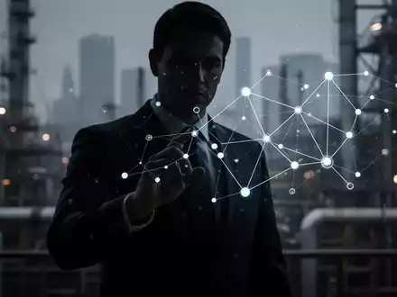 Eine dunkle Silhouette in einem Anzug, die vor einem Bildschirm mit vernetzten Daten agiert, im Hintergrund eine verschwommene Stadtansicht. - Foto: über boerse-global.de
