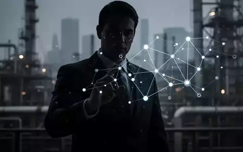 Eine dunkle Silhouette in einem Anzug, die vor einem Bildschirm mit vernetzten Daten agiert, im Hintergrund eine verschwommene Stadtansicht. - Foto: über boerse-global.de