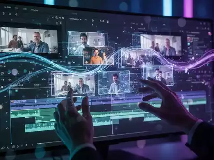 Stilisierte digitale Oberfläche mit Videobearbeitungszeitleisten und abstrakten Daten, Hände interagieren mit holografischer Videoprojektion. - Foto: über boerse-global.de