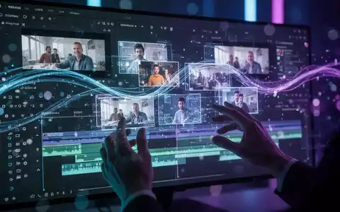 Stilisierte digitale Oberfläche mit Videobearbeitungszeitleisten und abstrakten Daten, Hände interagieren mit holografischer Videoprojektion. - Foto: über boerse-global.de