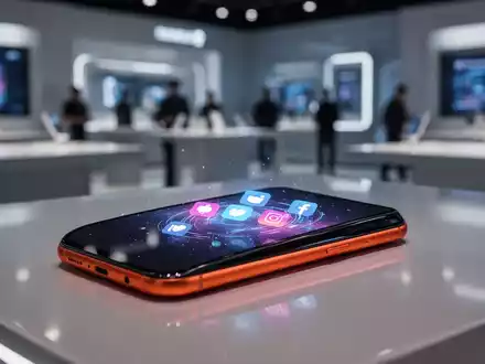 Ein leuchtend orangefarbenes Smartphone, möglicherweise ein iPhone 17, auf reflektierender Oberfläche mit dezenten Social-Media-Symbolen auf dem Bildschirm. - Foto: über boerse-global.de