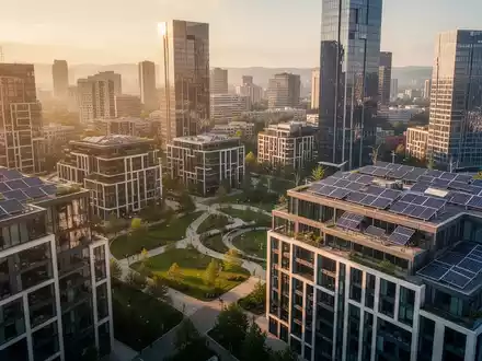 Eine städtische Landschaft mit modernen, energieeffizienten Gebäuden, Solarpaneelen auf Dächern und Grünflächen, die eine nachhaltige Stadtentwicklung zeigt. - Foto: über boerse-global.de