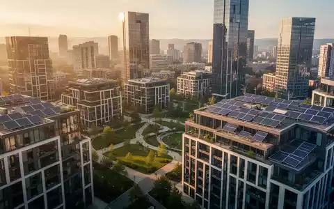 Eine städtische Landschaft mit modernen, energieeffizienten Gebäuden, Solarpaneelen auf Dächern und Grünflächen, die eine nachhaltige Stadtentwicklung zeigt. - Foto: über boerse-global.de