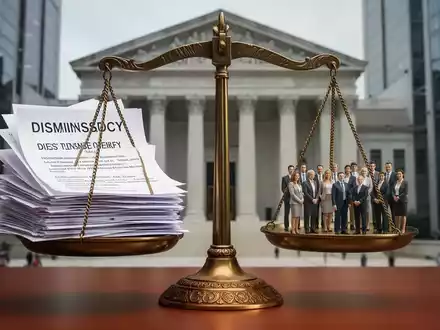 Eine Waage, die Entlassungsschreiben und Menschen auf der einen Seite und ein Gerichtsgebäude auf der anderen Seite ausbalanciert. - Foto: über boerse-global.de