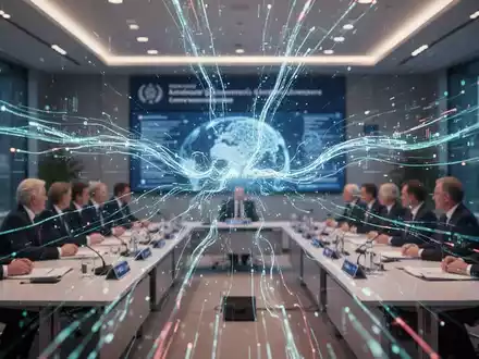 Abstrakte, leuchtende Darstellung von KI-Datenströmen in einem modernen Konferenzraum, die globale KI-Governance-Diskussionen symbolisiert. - Foto: über boerse-global.de