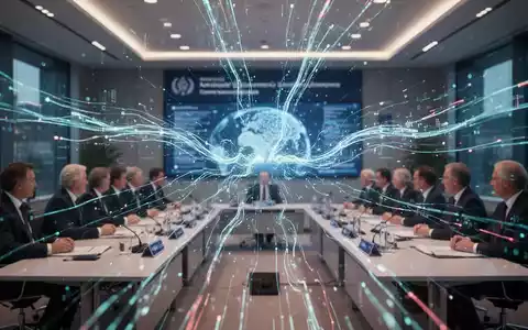 Abstrakte, leuchtende Darstellung von KI-Datenströmen in einem modernen Konferenzraum, die globale KI-Governance-Diskussionen symbolisiert. - Foto: über boerse-global.de