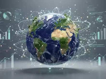 Ein stilisierter Globus, umgeben von leuchtenden Datenpunkten und Linien, der globale Nachhaltigkeitsmetriken und Unternehmensverantwortung darstellt. - Foto: über boerse-global.de