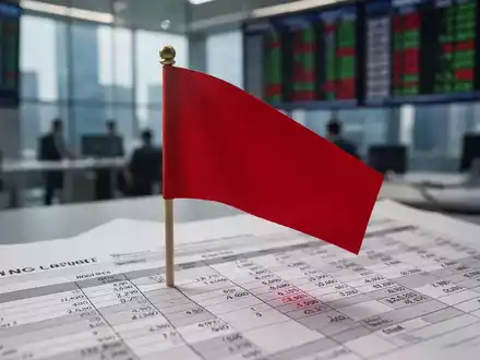 Eine rote Flagge steckt in einem Finanzbericht, umgeben von verschwommenen Geschäftsdokumenten, die Warnsignale in der Unternehmensführung symbolisieren. - Foto: über boerse-global.de