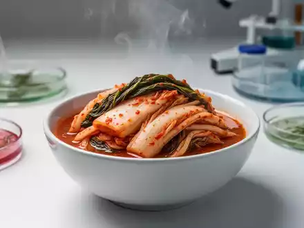 Eine Nahaufnahme einer Schale mit leuchtend rotem Kimchi, das traditionelle koreanische fermentierte Gemüse. - Foto: über boerse-global.de