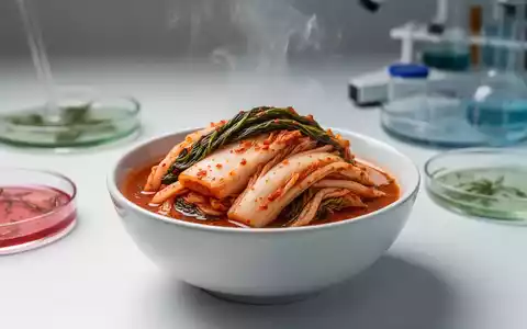 Eine Nahaufnahme einer Schale mit leuchtend rotem Kimchi, das traditionelle koreanische fermentierte Gemüse. - Foto: über boerse-global.de