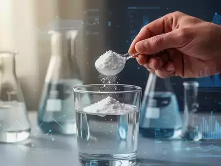 Nahaufnahme einer Hand, die Kreatinpulver in ein Glas Wasser schüttet, mit verschwommenen wissenschaftlichen Geräten im Hintergrund. - Foto: über boerse-global.de