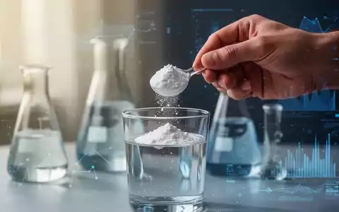 Nahaufnahme einer Hand, die Kreatinpulver in ein Glas Wasser schüttet, mit verschwommenen wissenschaftlichen Geräten im Hintergrund. - Foto: über boerse-global.de