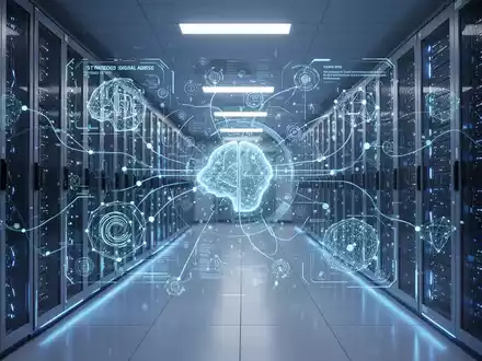Leuchtender Serverraum mit abstrakten digitalen Schnittstellen für KI und strategische Webentwicklung. - Foto: über boerse-global.de