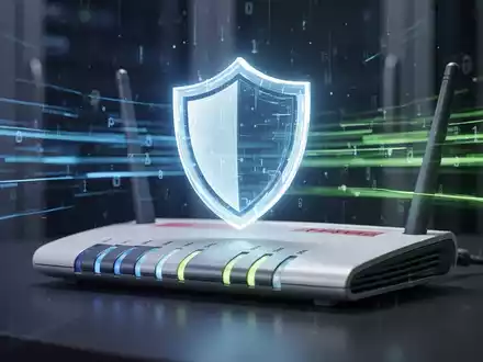 Ein stilisiertes, leuchtendes Schild-Symbol über einem modernen WLAN-Router, der Sicherheit und Datenfluss symbolisiert. - Foto: über boerse-global.de